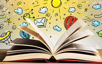 A red book opened.  Colorful background with pictures of cartoon sun, clouds, stars, space ship and planets